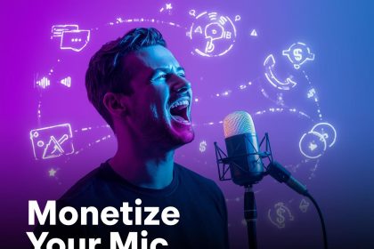Image of a glowing podcast microphone connected to audience silhouettes and money symbols, symbolizing how creators turn engagement into income through monetization strategies in 2025.