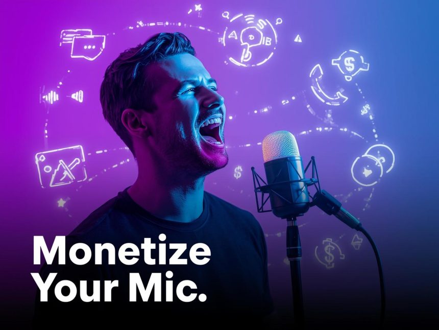 Image of a glowing podcast microphone connected to audience silhouettes and money symbols, symbolizing how creators turn engagement into income through monetization strategies in 2025.