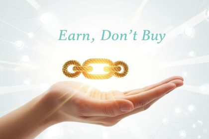 Two glowing chain links — one gold, one broken — floating above Google results, representing high-quality backlink strategies that boost SEO authority in 2025.