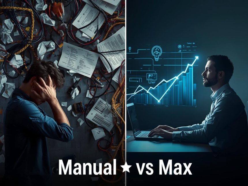 Digital marketer celebrating record-breaking ROI from Google Performance Max campaign with AI-driven analytics dashboard.