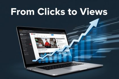 A YouTube play button rising through Google search results surrounded by ranking arrows and analytics visuals, symbolizing how video SEO improves visibility and rankings.