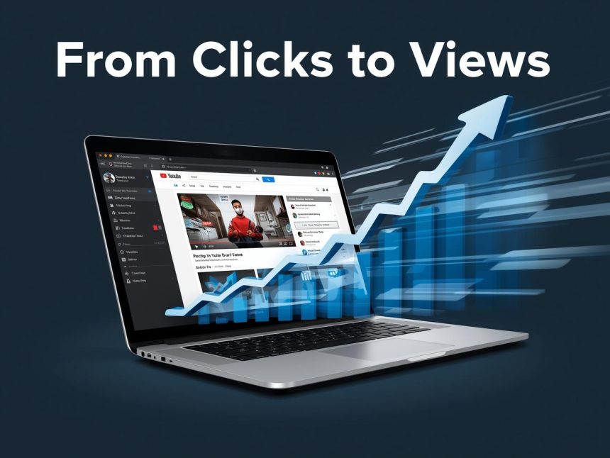 A YouTube play button rising through Google search results surrounded by ranking arrows and analytics visuals, symbolizing how video SEO improves visibility and rankings.