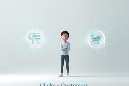 Marketer analyzing SEO content performance on a glowing chart showing how optimized writing drives traffic and conversions.