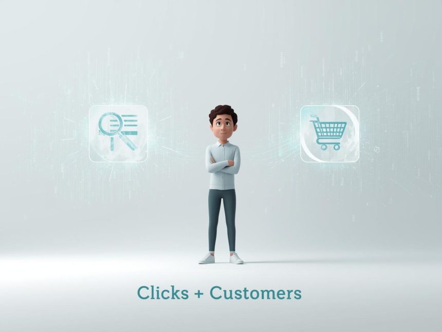 Marketer analyzing SEO content performance on a glowing chart showing how optimized writing drives traffic and conversions.