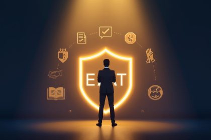 A glowing Google search results page highlighting E-E-A-T factors like expertise and trust, symbolizing how content quality drives authority and rankings.