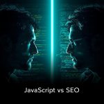 Laptop screen showing glowing JavaScript code with Googlebot hologram and rendering progress bar, representing how JS affects SEO and indexing in 2025.