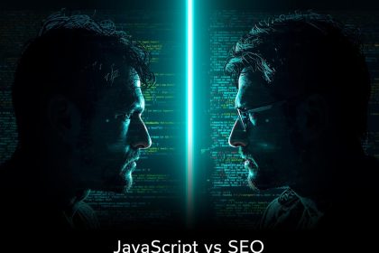 Laptop screen showing glowing JavaScript code with Googlebot hologram and rendering progress bar, representing how JS affects SEO and indexing in 2025.