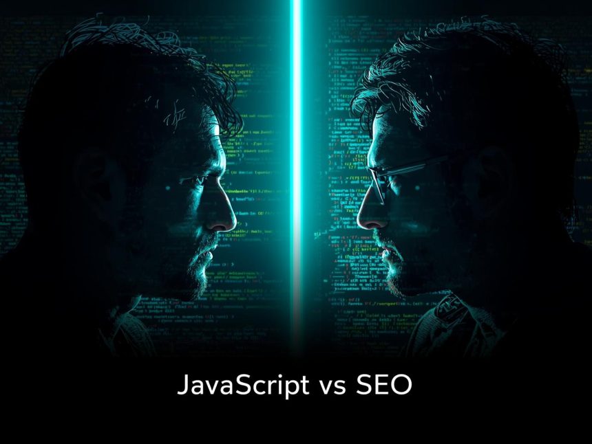 Laptop screen showing glowing JavaScript code with Googlebot hologram and rendering progress bar, representing how JS affects SEO and indexing in 2025.