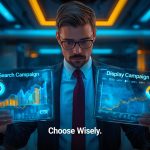 Split-screen visual comparing Google Search text ads and Display banner ads to illustrate when and how to use each strategy effectively.