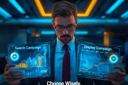 Split-screen visual comparing Google Search text ads and Display banner ads to illustrate when and how to use each strategy effectively.