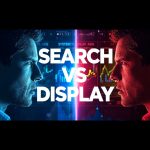 Split-screen showing Search Ads and Display Ads dashboards side by side, symbolizing the comparison and synergy between both Google Ads campaign types.