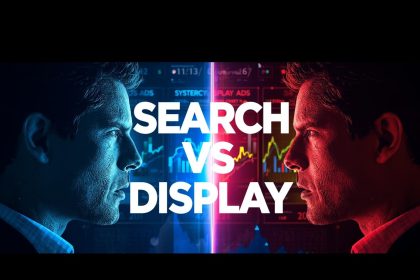 Split-screen showing Search Ads and Display Ads dashboards side by side, symbolizing the comparison and synergy between both Google Ads campaign types.
