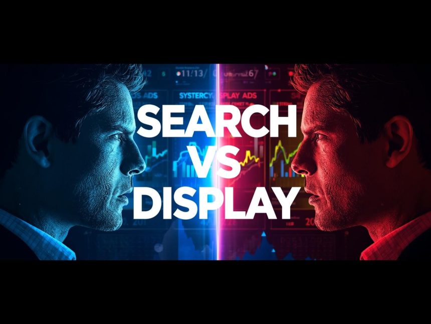 Split-screen showing Search Ads and Display Ads dashboards side by side, symbolizing the comparison and synergy between both Google Ads campaign types.