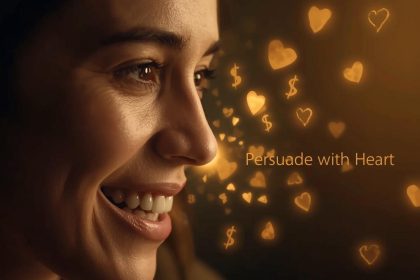 A glowing pen writing persuasive text that transforms into customer engagement icons, representing authentic, conversion-driven copywriting.