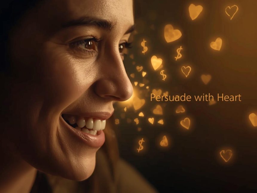 A glowing pen writing persuasive text that transforms into customer engagement icons, representing authentic, conversion-driven copywriting.