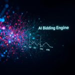 Digital marketer analyzing a glowing AI-powered Google Ads dashboard automatically adjusting bids, symbolizing automation and optimization through smart bidding strategies.