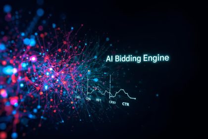 Digital marketer analyzing a glowing AI-powered Google Ads dashboard automatically adjusting bids, symbolizing automation and optimization through smart bidding strategies.