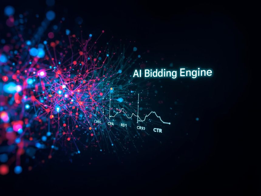 Digital marketer analyzing a glowing AI-powered Google Ads dashboard automatically adjusting bids, symbolizing automation and optimization through smart bidding strategies.