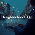 Smiling digital marketer pointing at a glowing neighborhood map with multiple location pins, symbolizing local SEO and personalized content creation.