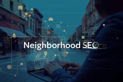 Smiling digital marketer pointing at a glowing neighborhood map with multiple location pins, symbolizing local SEO and personalized content creation.