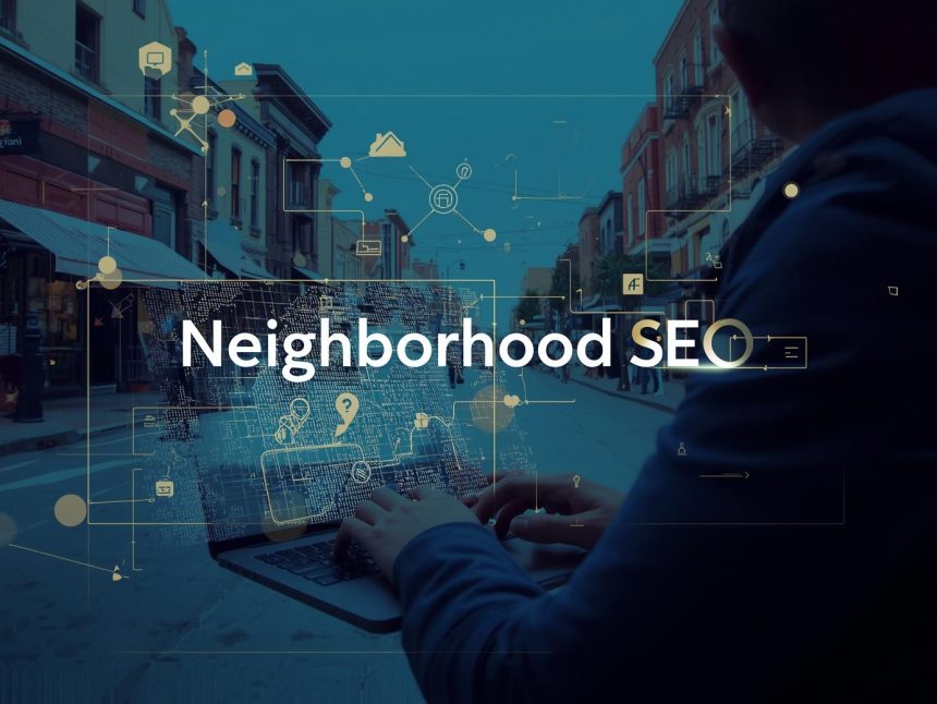 Smiling digital marketer pointing at a glowing neighborhood map with multiple location pins, symbolizing local SEO and personalized content creation.