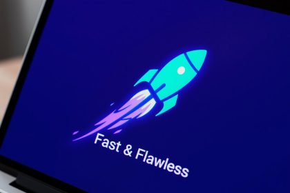 Digital marketer viewing a glowing website performance dashboard with green Core Web Vitals scores, representing optimization for speed, stability, and interactivity in 2025.