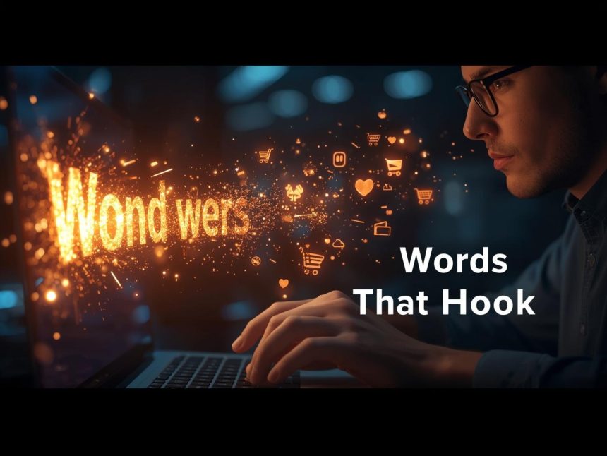 A glowing headline stopping a fast-moving social media feed, symbolizing how powerful titles capture attention and drive clicks.