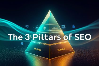 A glowing digital pyramid representing On-Page, Off-Page, and Technical SEO, visually illustrating the three main components of search engine optimization in 2025.