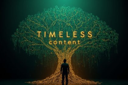 Digital marketer standing before glowing trees made of web pages, representing evergreen content that keeps growing traffic over time.