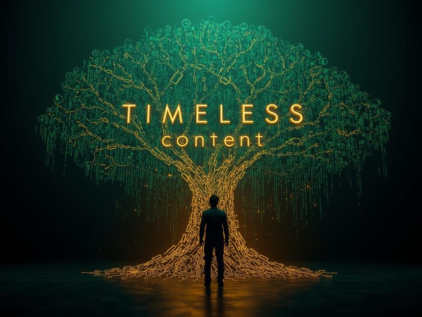 Digital marketer standing before glowing trees made of web pages, representing evergreen content that keeps growing traffic over time.