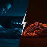 A digital scale balancing a human brain and an AI circuit, symbolizing the balance between human creativity and artificial intelligence in modern content creation.