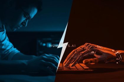 A digital scale balancing a human brain and an AI circuit, symbolizing the balance between human creativity and artificial intelligence in modern content creation.