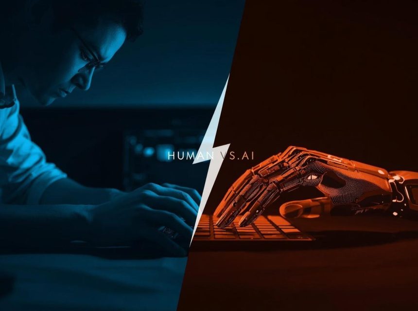 A digital scale balancing a human brain and an AI circuit, symbolizing the balance between human creativity and artificial intelligence in modern content creation.