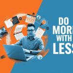 Digital marketer standing in front of a glowing infinity loop of content formats representing efficient content repurposing strategies.