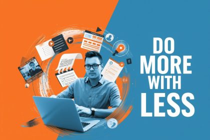 Digital marketer standing in front of a glowing infinity loop of content formats representing efficient content repurposing strategies.