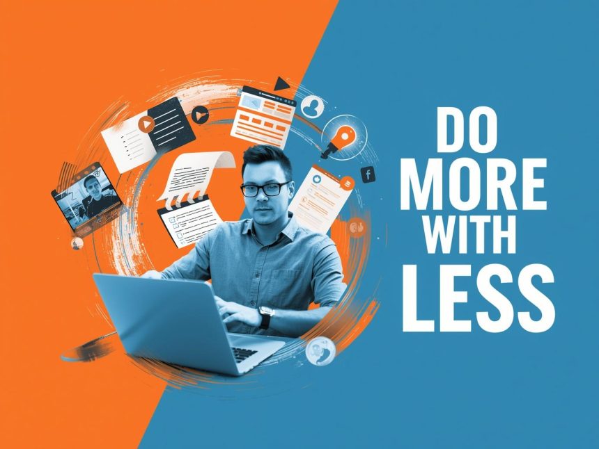 Digital marketer standing in front of a glowing infinity loop of content formats representing efficient content repurposing strategies.