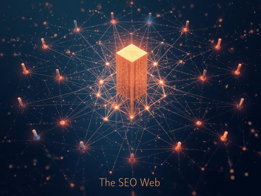 A glowing central pillar page connected to smaller topic nodes, symbolizing content clustering and the SEO power of topic hubs.