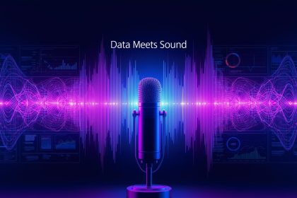 A glowing microphone surrounded by upward-trending charts and engagement icons, representing podcast analytics, listener growth, and success measurement in 2025.