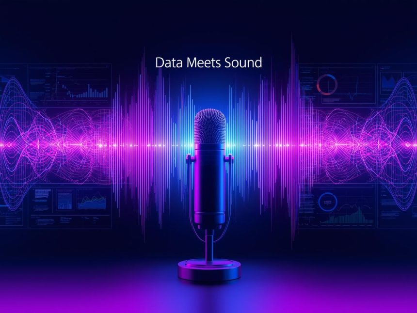 A glowing microphone surrounded by upward-trending charts and engagement icons, representing podcast analytics, listener growth, and success measurement in 2025.