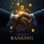 Two hands shaking surrounded by glowing map pins and 5-star icons, symbolizing how managing and responding to reviews builds trust and boosts local SEO rankings.