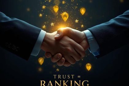 Two hands shaking surrounded by glowing map pins and 5-star icons, symbolizing how managing and responding to reviews builds trust and boosts local SEO rankings.