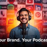 A glowing microphone shaped from a brand logo, emitting golden soundwaves connecting to people and engagement icons, symbolizing the launch of a successful branded podcast.