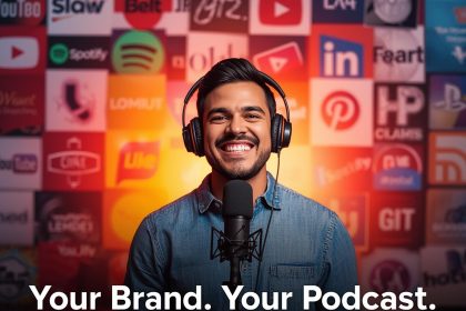 A glowing microphone shaped from a brand logo, emitting golden soundwaves connecting to people and engagement icons, symbolizing the launch of a successful branded podcast.