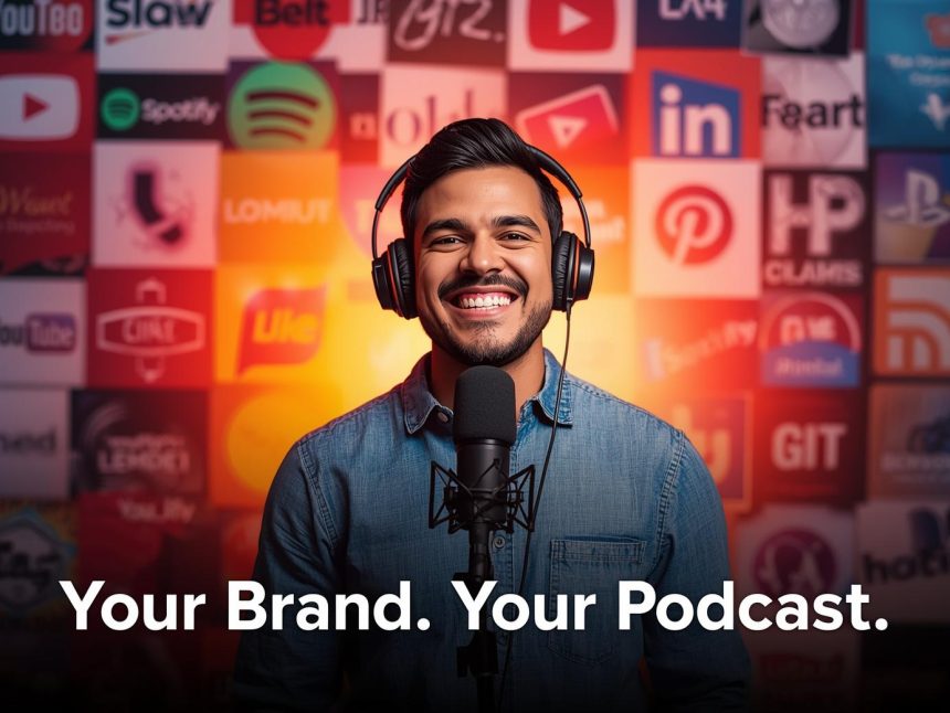 A glowing microphone shaped from a brand logo, emitting golden soundwaves connecting to people and engagement icons, symbolizing the launch of a successful branded podcast.