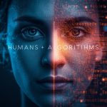 A marketer typing on a split-screen laptop showing both storytelling text and SEO analytics, representing the balance between human creativity and keyword optimization in 2025.