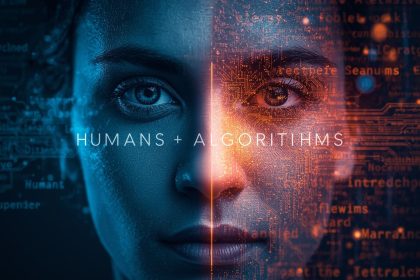 A marketer typing on a split-screen laptop showing both storytelling text and SEO analytics, representing the balance between human creativity and keyword optimization in 2025.