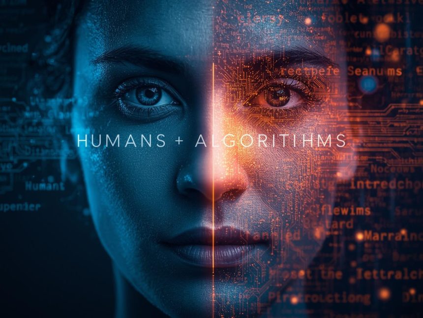 A marketer typing on a split-screen laptop showing both storytelling text and SEO analytics, representing the balance between human creativity and keyword optimization in 2025.