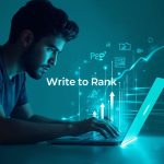 A marketer typing on a glowing laptop surrounded by ranking arrows and SEO icons, symbolizing step-by-step SEO writing that helps content rank on Google.