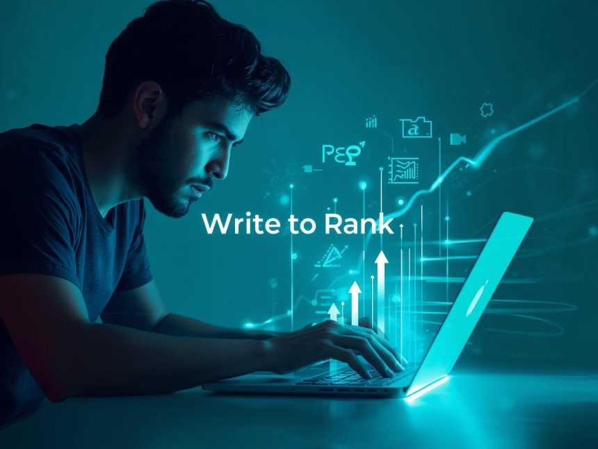 A marketer typing on a glowing laptop surrounded by ranking arrows and SEO icons, symbolizing step-by-step SEO writing that helps content rank on Google.