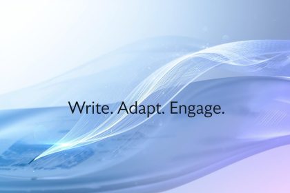 A split-screen image showing content for web, email, and social media connected by a glowing pen stroke, representing how effective copywriting adapts across digital platforms.